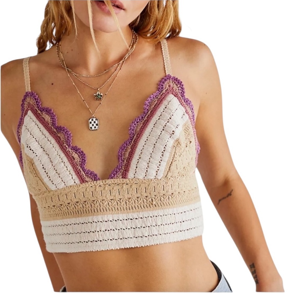 Free People Another Weekend Longline Lace Crochet Cream Tan Purple Bralette L